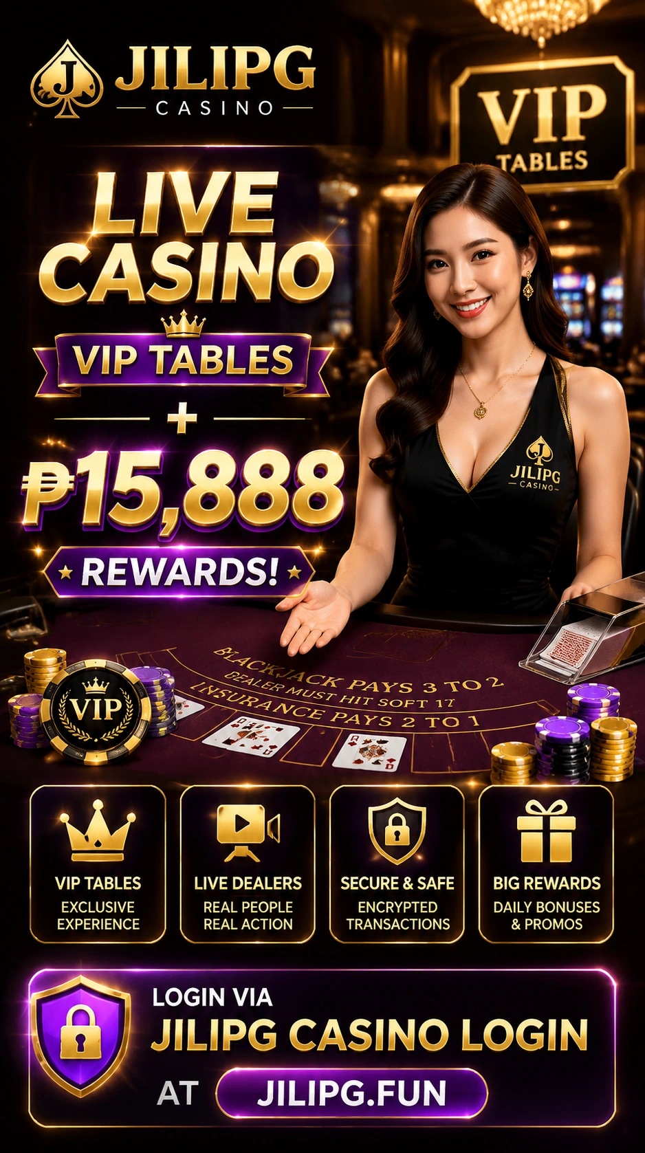 Live casino promotional table scene with dealer and chip layout