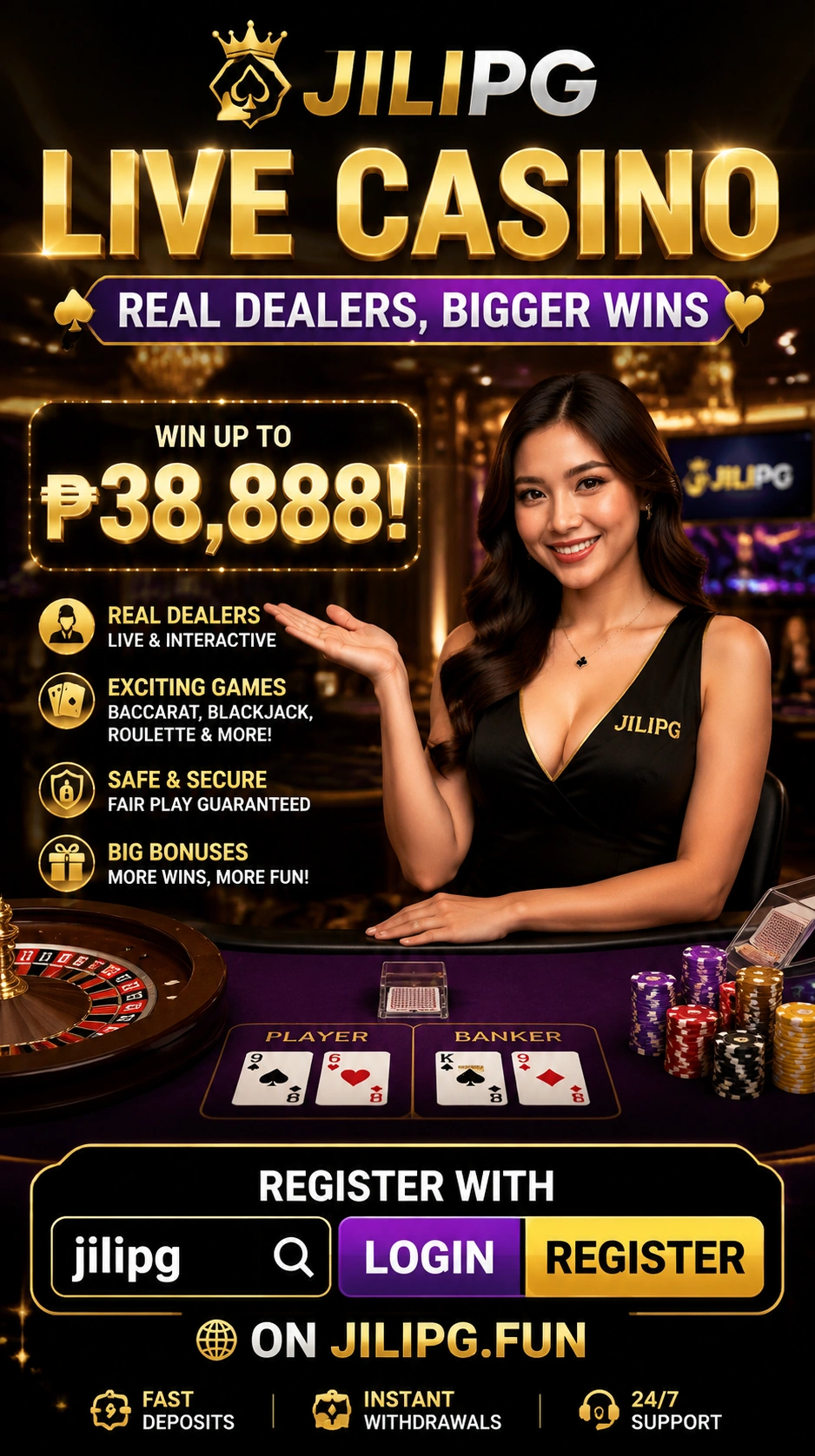 Dealer in a live casino studio with gaming equipment and bright background